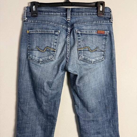 7 For All Mankind Low Rise Flare Denim Jeans Womens 26 Blue Distressed Retro Y2K - Picture 9 of 13